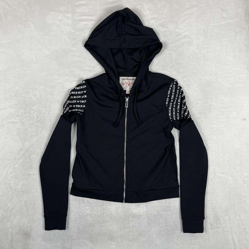 True Religion Hoodie Sweatshirt Womens Medium Black Full Zip Logo Sleeve Y2K